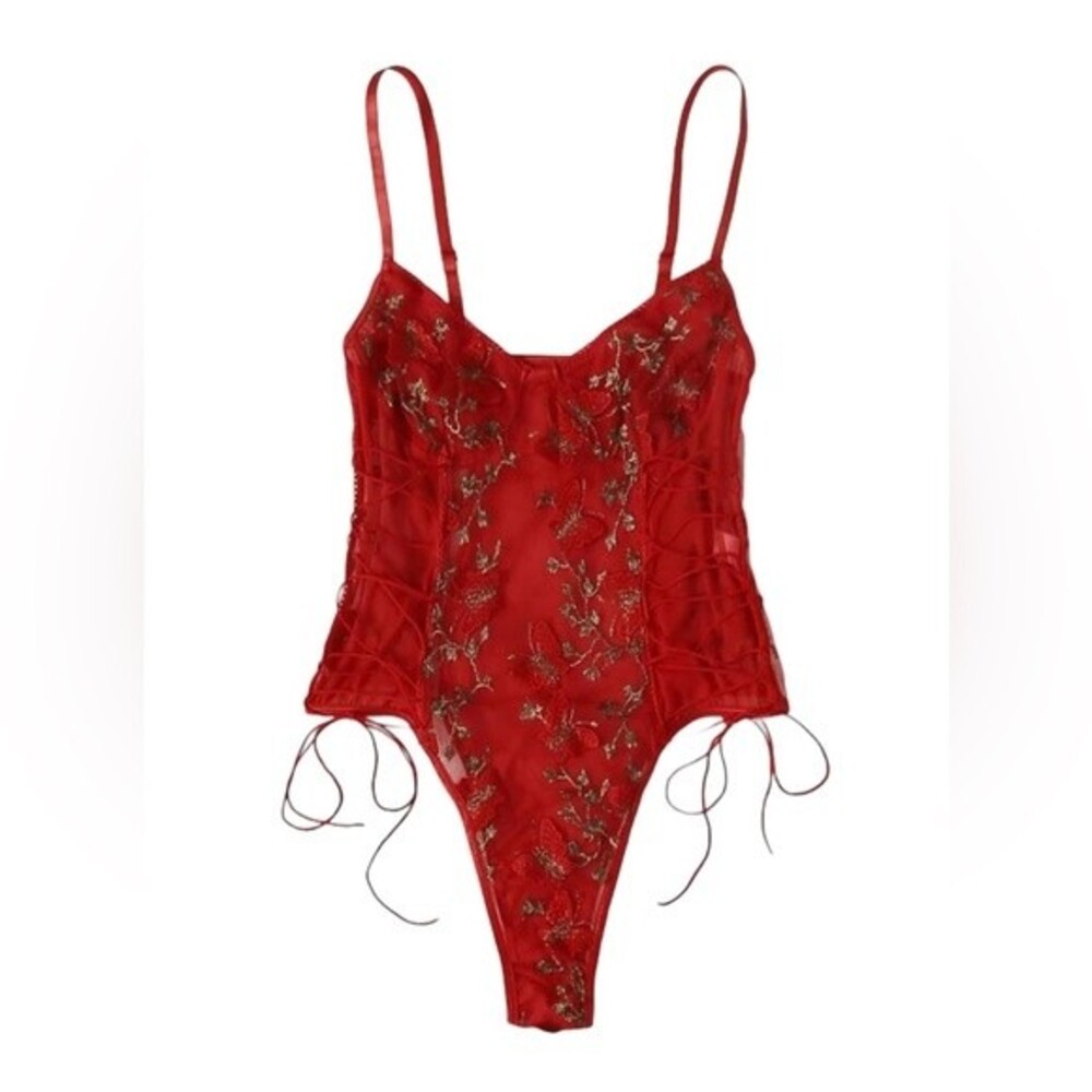 Red Teddy Lingerie Sexy Bodysuit Lace Stretch Strip Dancer Party Sheer Thong hot